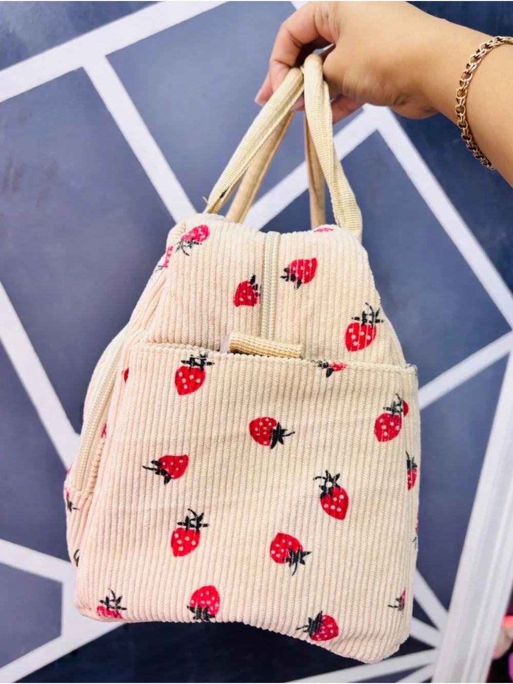 Primark Beige Corduroy Handbag with Red Strawberry Motif